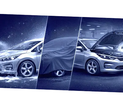 Комбинирана снимка за чистене не автомобил, покривало за такъв и проверка на масло.