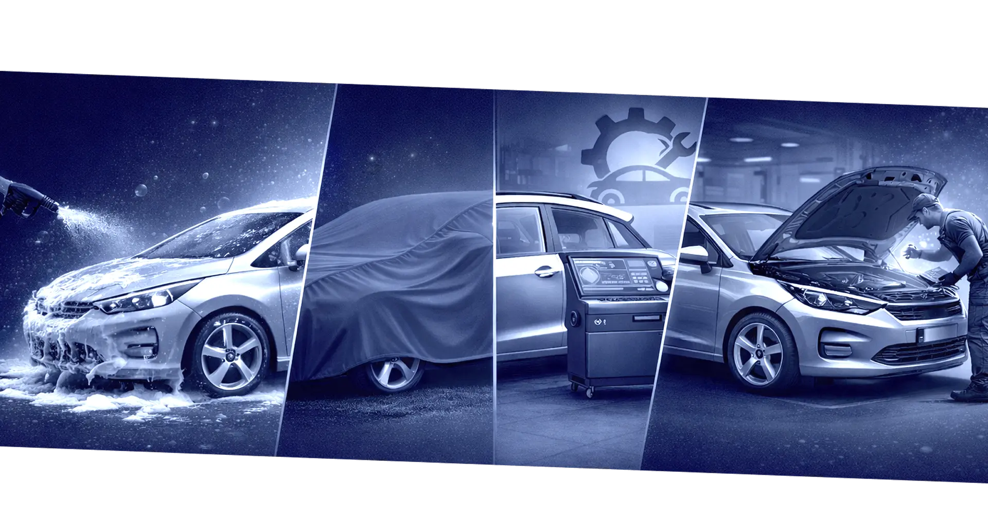 Комбинирана снимка за чистене не автомобил, покривало за такъв и проверка на масло.